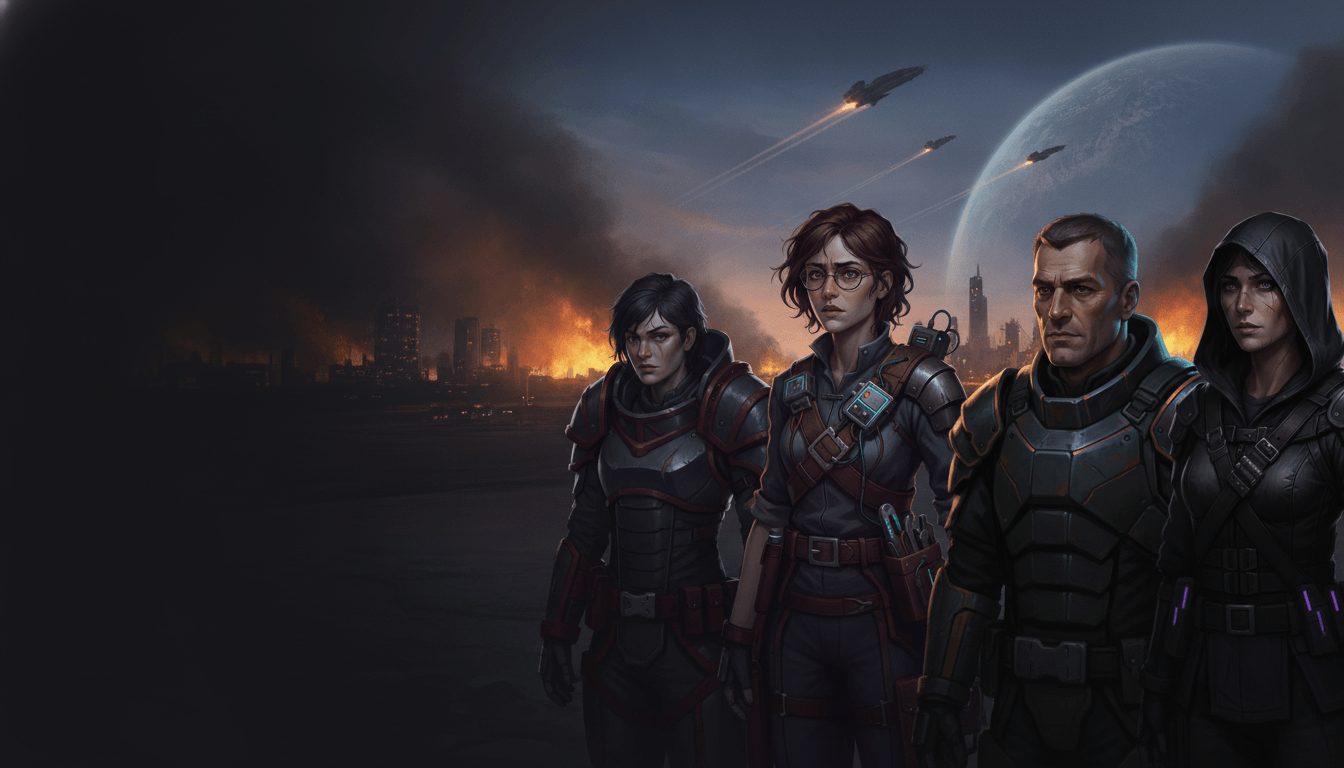 Mira, Toma, Ansel and Yuki stand together as their homeworld burns behind them