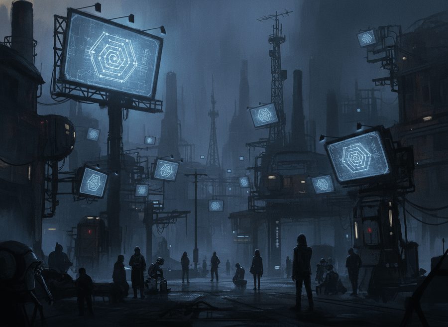A dark city under screens showing the same sigil