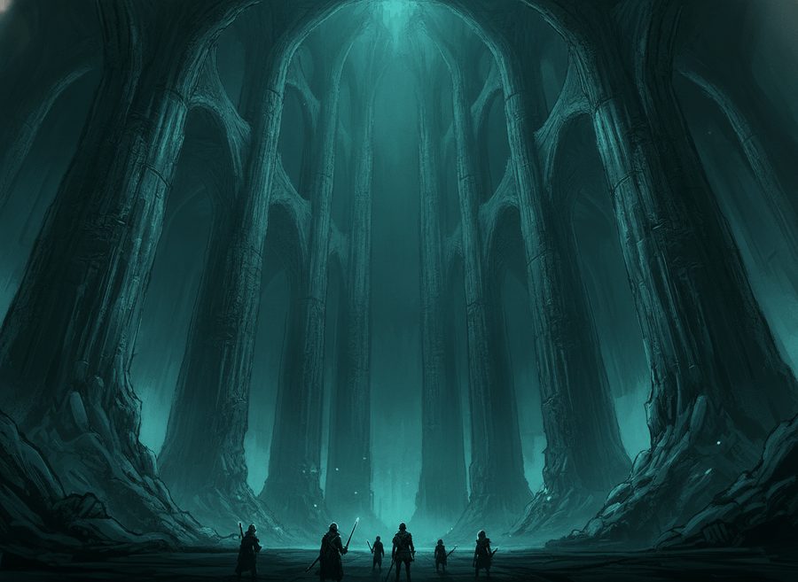 The crew, tiny, at the foot of a vast green-lit vault