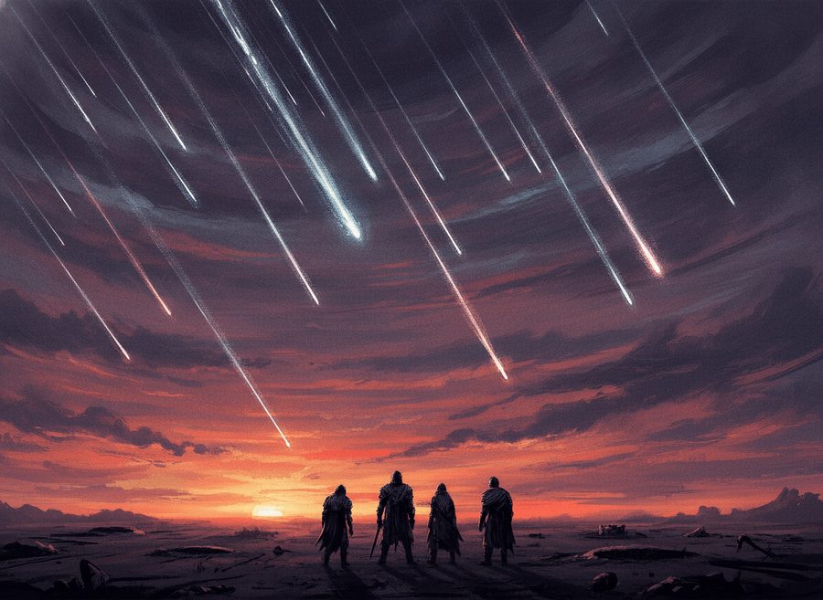 Four survivors watch fire fall from a red sky
