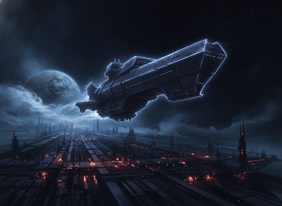 A ship lifts away from a dark spaceport